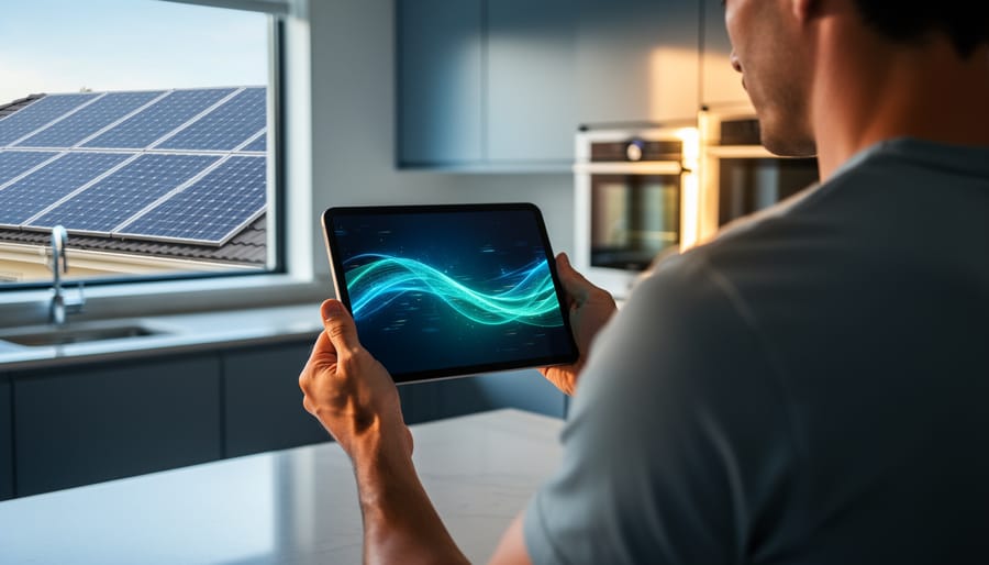 Over-the-shoulder view of a person holding a tablet with abstract glowing energy curves in a bright kitchen, with rooftop solar panels visible through the window in soft focus.