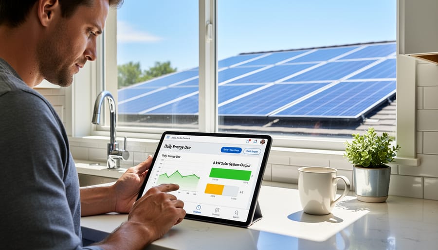 Homeowner viewing residential solar panel system on suburban house