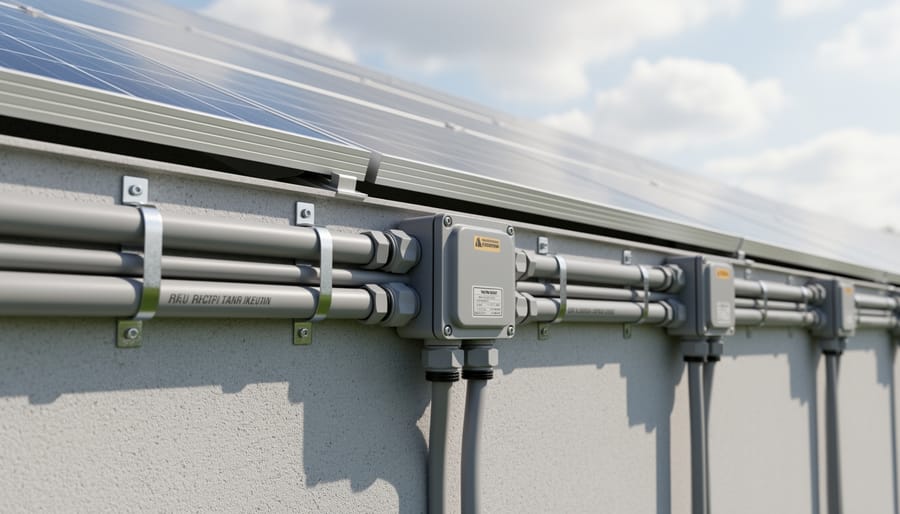 Properly installed PVC conduit running from rooftop solar panels to ground level