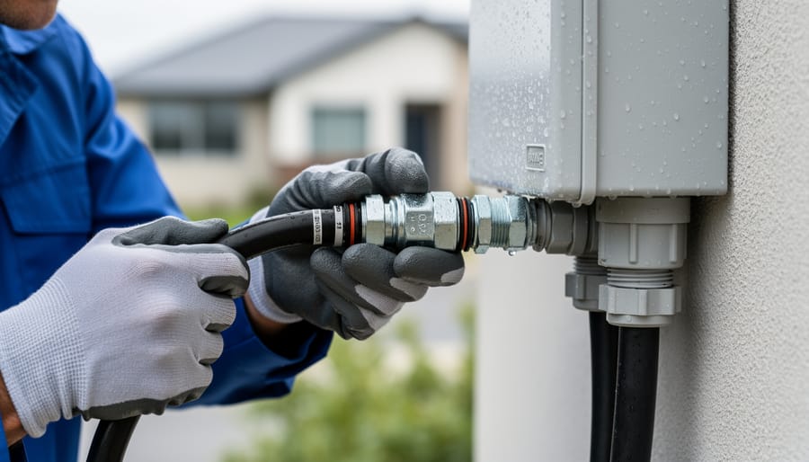 Hands in safety gloves installing MC4 connector on solar panel wiring during rooftop installation