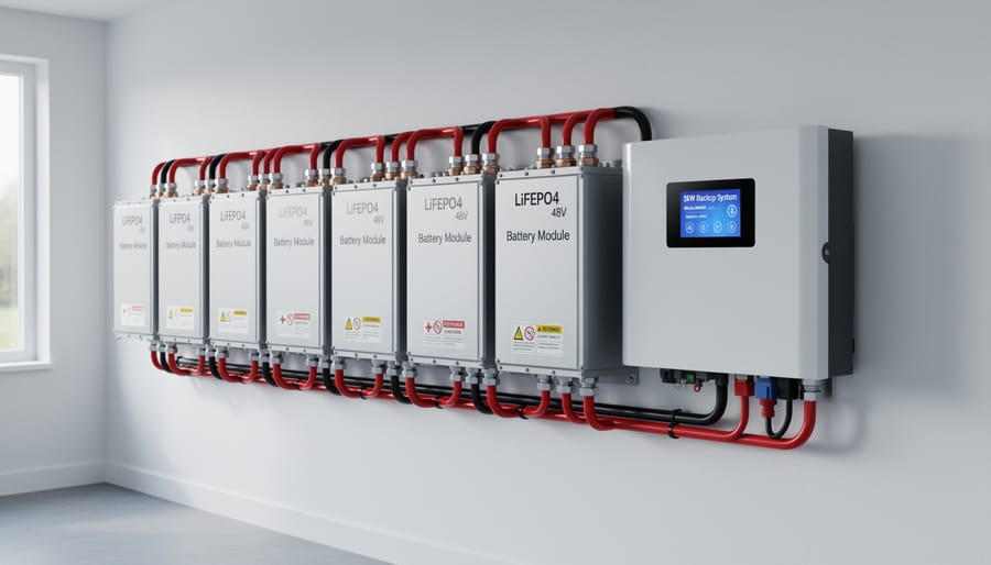 LiFePO4 battery cells arranged in series configuration with copper busbars and terminals