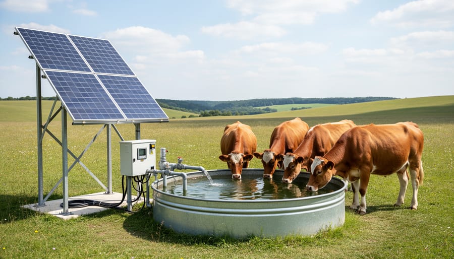 Cattle drinking from solar-powered water trough in pasture setting