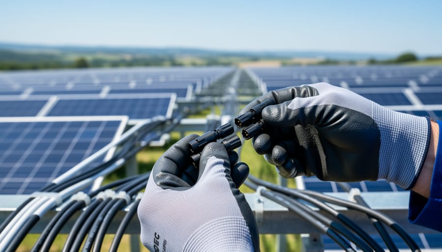 Close-up of hands connecting MC4 solar panel connectors with cables