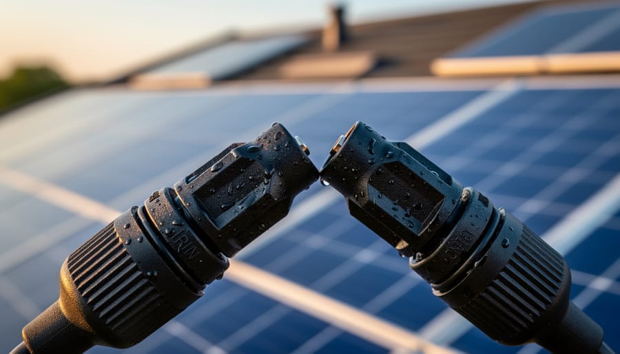 Close-up of MC4 solar panel connectors showing male and female connector pair with locking mechanism