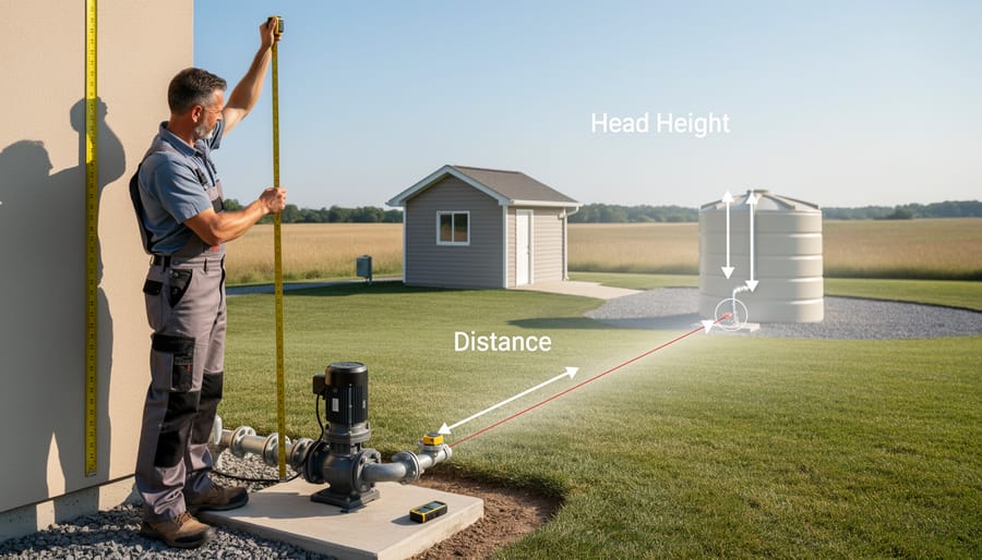 Person measuring water pipe height for solar pump installation calculations