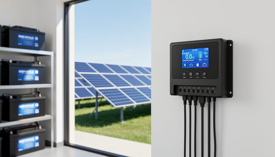 MPPT solar charge controller with LED indicators and wire terminals