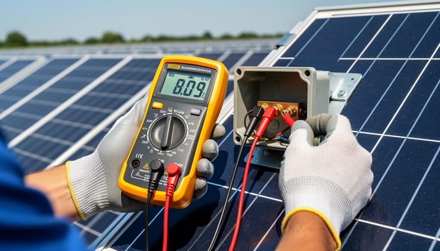 Digital multimeter with probes connected to solar panel MC4 connectors during testing