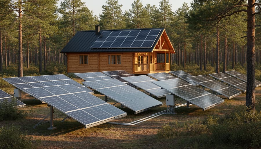 Ground-mounted solar panel array at off-grid cabin in forest setting