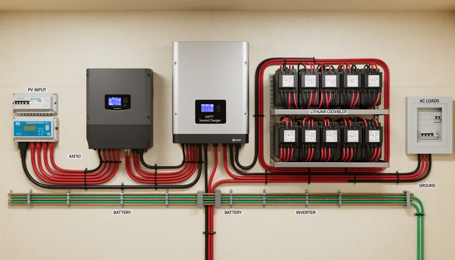 Complete off-grid solar system installation with proper wiring and protection devices