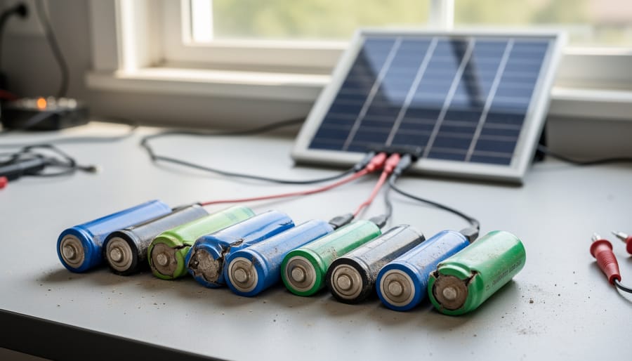 Damaged swollen battery next to solar panel showing effects of improper direct connection