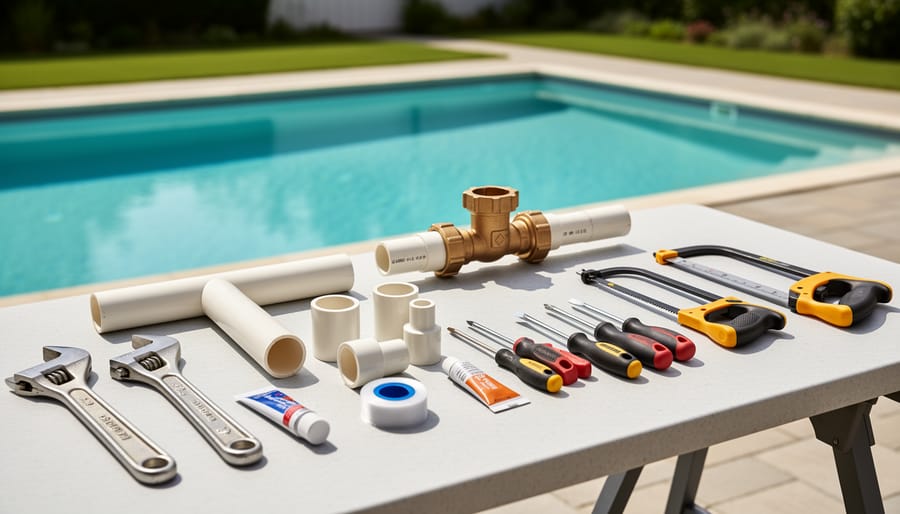 Pool plumbing tools including pipe cutter, wrench, and Teflon tape on workbench