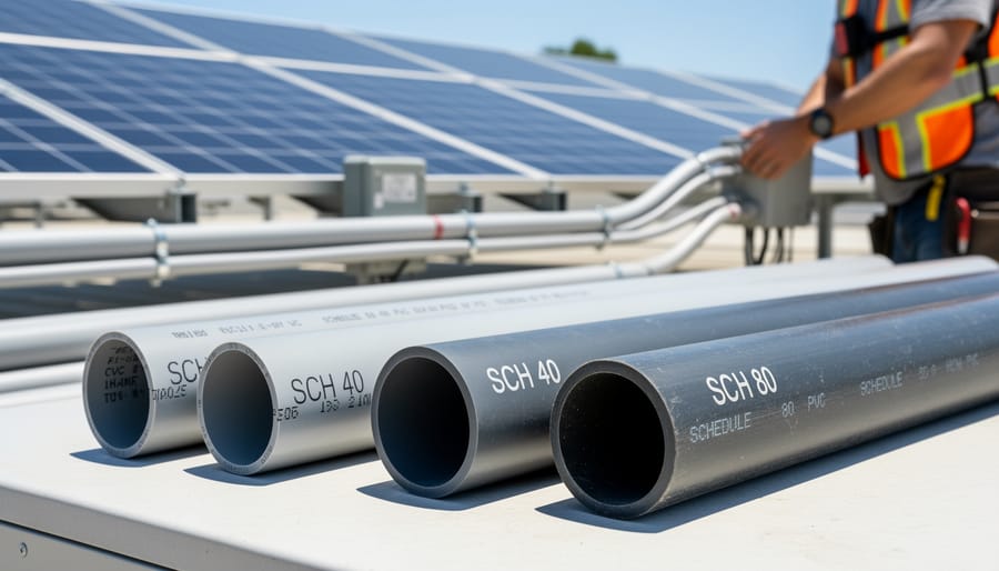 Comparison of Schedule 40 and Schedule 80 PVC electrical conduit pipes on workbench