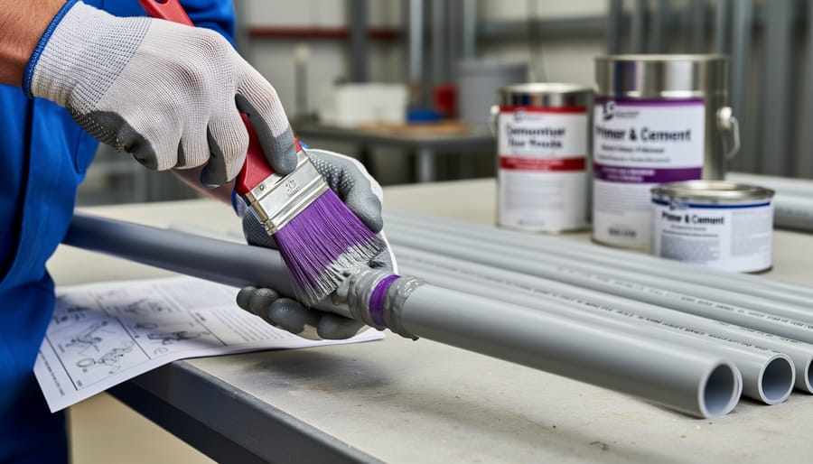 Close-up of hands applying purple PVC primer to electrical conduit fitting