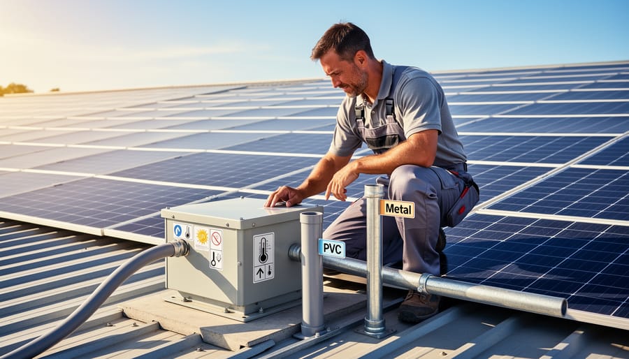 PVC and metal conduit mounted on building exterior wall under solar panels