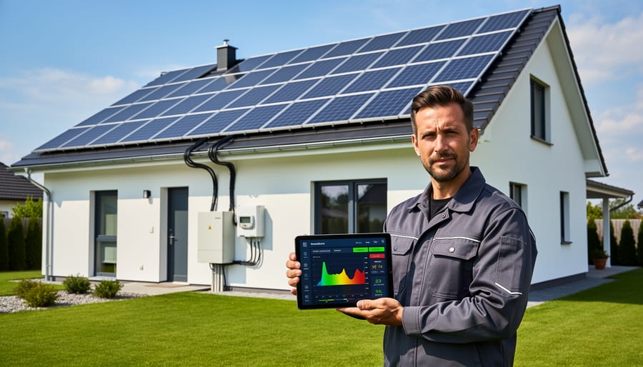 Solar panel array installed on residential rooftop under bright sunlight