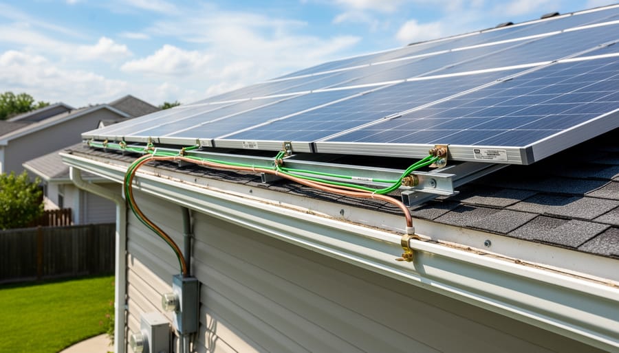 Rooftop solar panel array with grounding wire visible along mounting rails