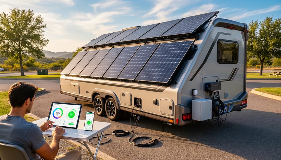 Solar panels mounted on RV roof in outdoor camping setting