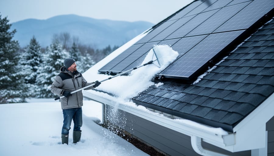 Homeowner on snowy ground gently raking light snow from steeply tilted rooftop solar panels with a soft-bristled roof rake on a bright overcast day; snow-dusted yard, evergreens, and distant mountains softly visible in the background.