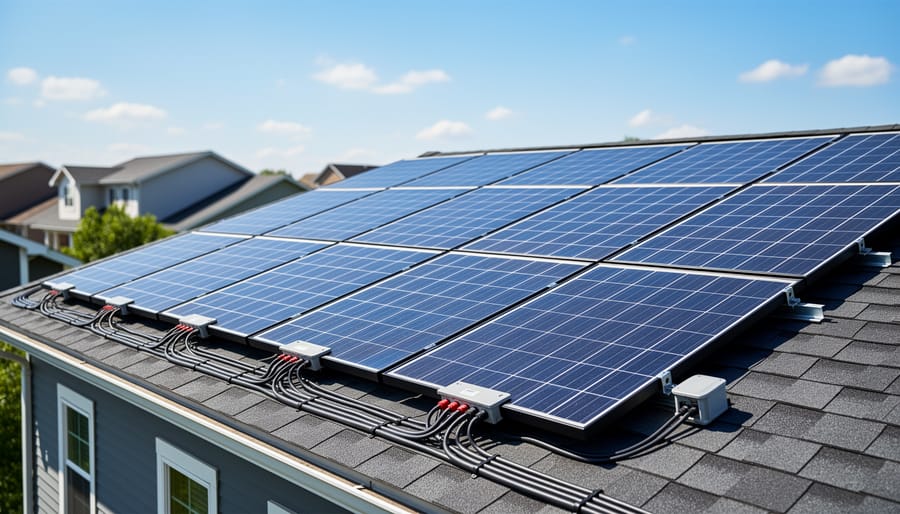 Solar panel array showing series-parallel wiring connections on residential rooftop