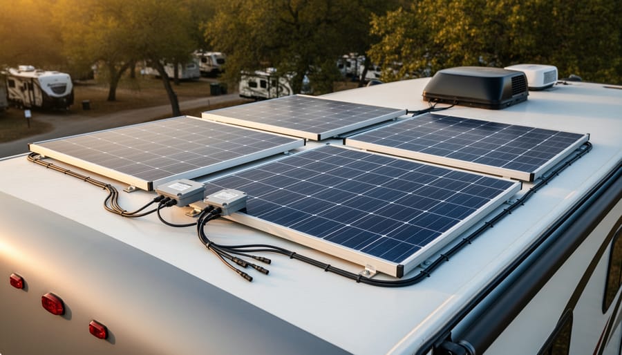 Four solar panels on an RV roof wired as two series pairs combined with MC4 Y-branch connectors into a small combiner box, photographed from a slightly elevated angle at golden hour with a soft campground background.