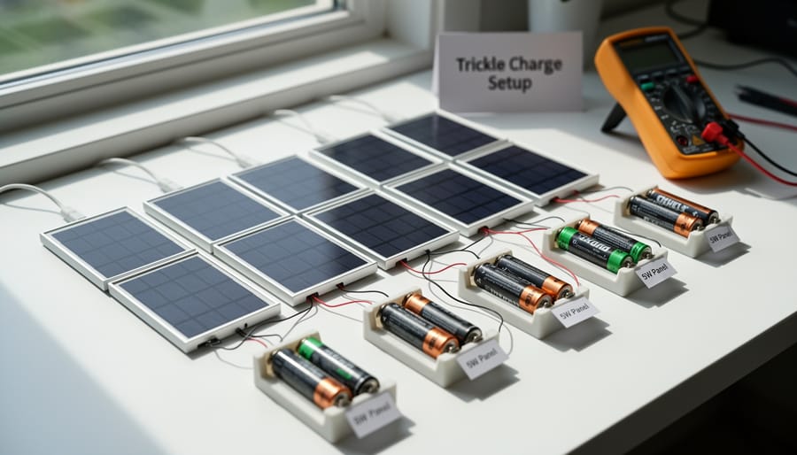 Small 5-watt solar panel positioned next to compact 12V battery for trickle charging