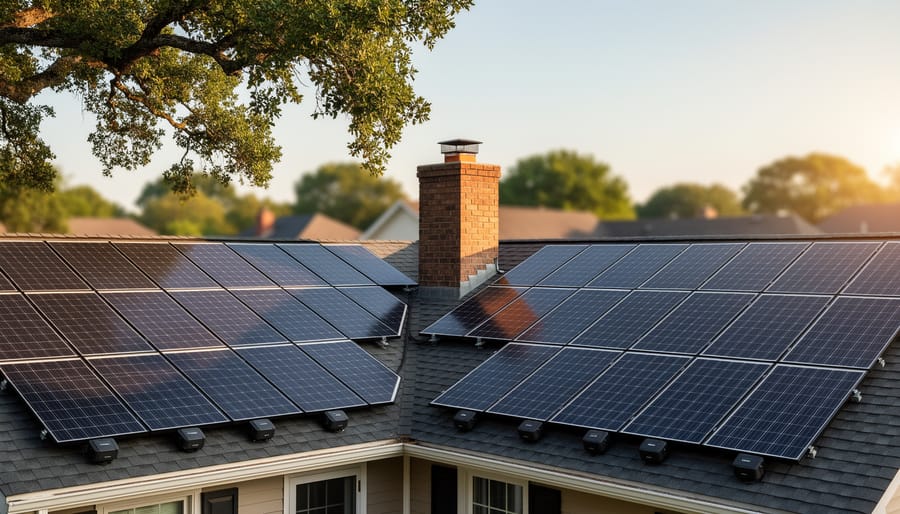 Residential roof with solar panels across two roof planes, some panels partially shaded by a chimney and oak branches, with small microinverter/power optimizer units visible beneath panel edges in warm golden hour light.