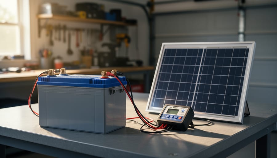 Close-up of a deep-cycle 12V battery connected through a solar charge controller to a portable solar panel on a workbench, with blurred garage tools in the background.