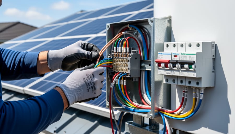 Close-up of solar cables with circuit breaker showing proper wiring components