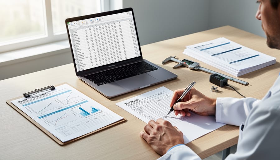 Commissioning documentation sheet on clipboard with testing tools on workbench