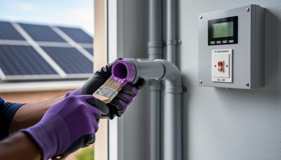 Close-up of gloved hands applying purple primer and cement to a PVC conduit joint near a residential solar inverter, with sweep elbows and support straps and rooftop solar panels softly blurred in the background.
