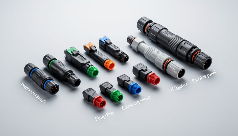 Overhead view of different solar connector types including MC4, MC3, Anderson Powerpole, and SAE connectors on workbench