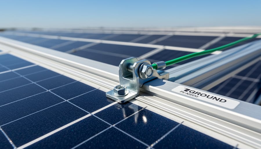 Close-up of copper grounding clip securely attached to solar panel aluminum frame