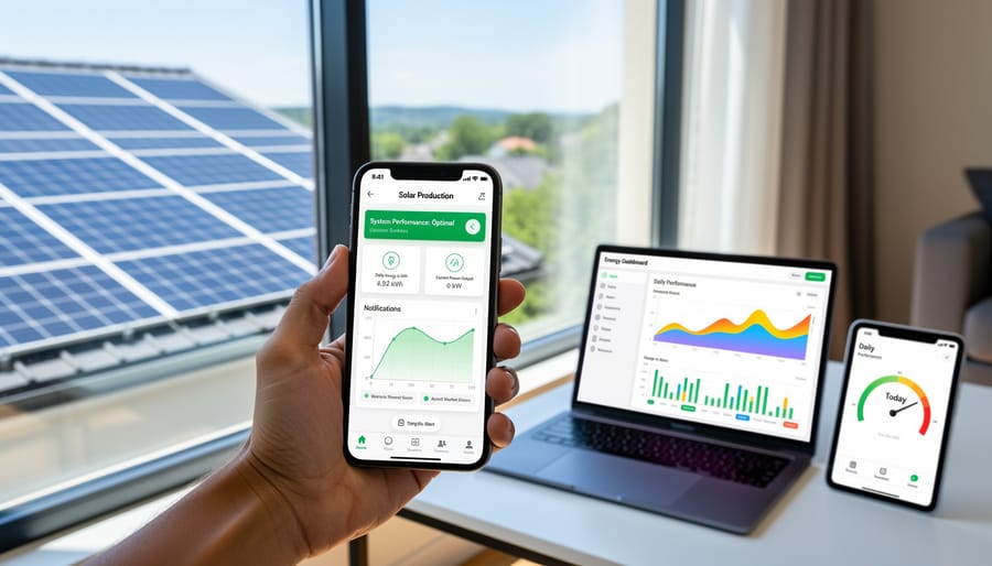 Hand holding smartphone with solar monitoring app in front of solar panel installation