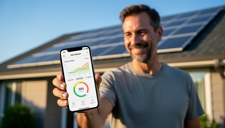 Hand holding smartphone showing solar energy monitoring app with solar panels in background
