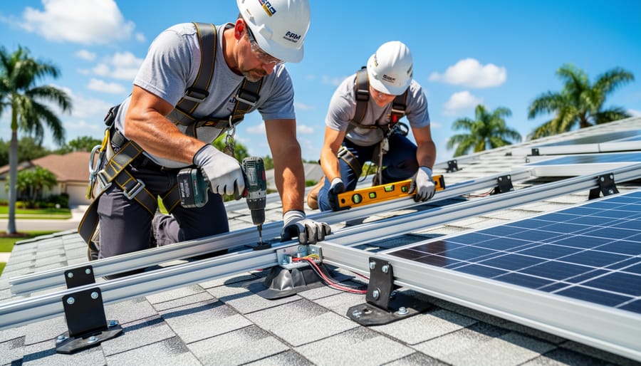 Worker installing hurricane-rated solar panel mounting hardware on residential roof