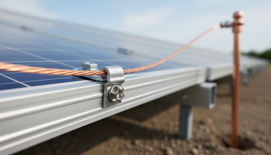 Close-up of a copper grounding wire attached to a solar panel frame with a lug and star washer, with blurred panels and a copper-clad ground rod with acorn clamp in the background under soft daylight.