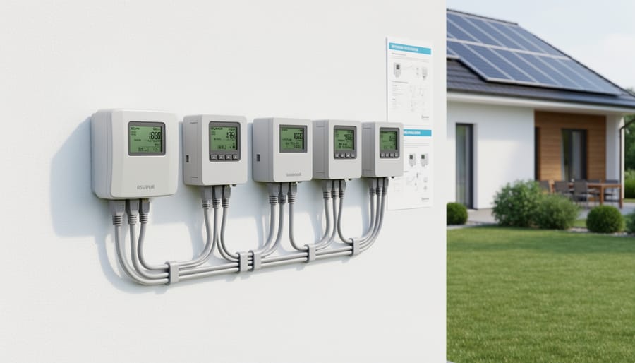 Solar panels on residential roof with communication cables running between devices