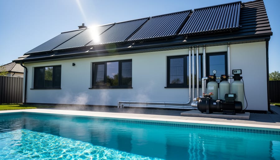 Black solar pool heating panels on residential roof with water flowing through collectors