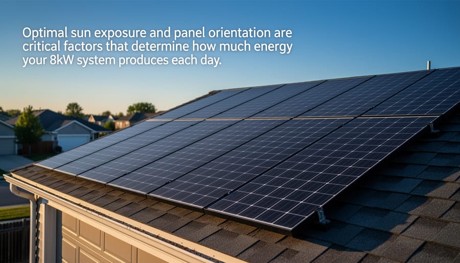 Solar panels catching morning sunlight at optimal angle on residential roof