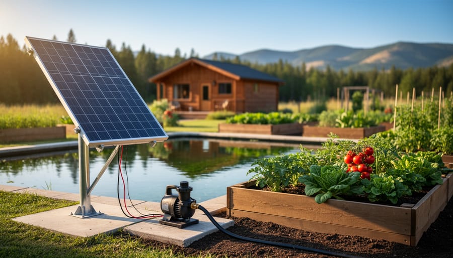 Ground-mounted solar panel connected to a compact surface water pump by a pond, with a hose irrigating raised vegetable beds in a sunny off-grid garden; softly blurred cabin and trees in the background.