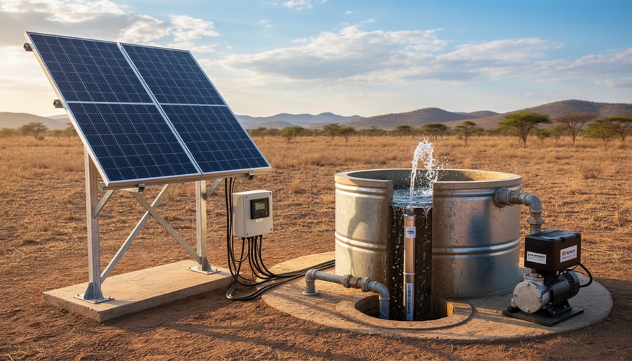 Solar panel and water pump setup beside a natural pond in outdoor setting