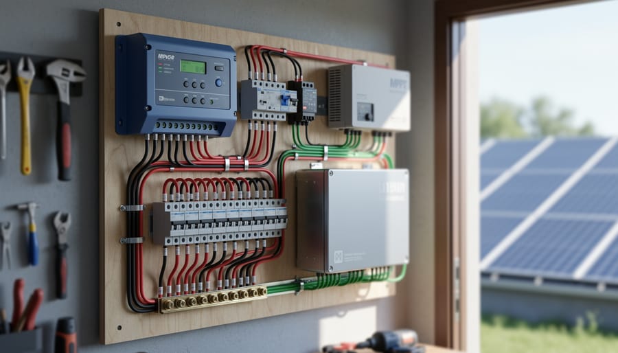 Neatly wired off-grid solar power wall with unbranded charge controller, DC breakers and fuse blocks, lithium battery bank, and inverter, using red, black, and green cables; workshop interior with rooftop solar panels visible through an open door under soft daylight.