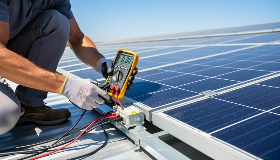 9-volt solar panel being tested with multimeter in outdoor sunlight
