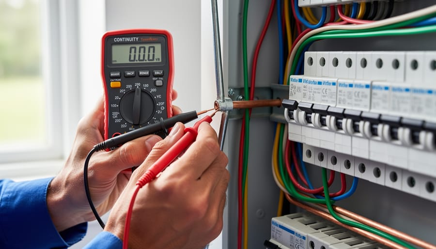 Multimeter testing electrical continuity of solar panel grounding connection