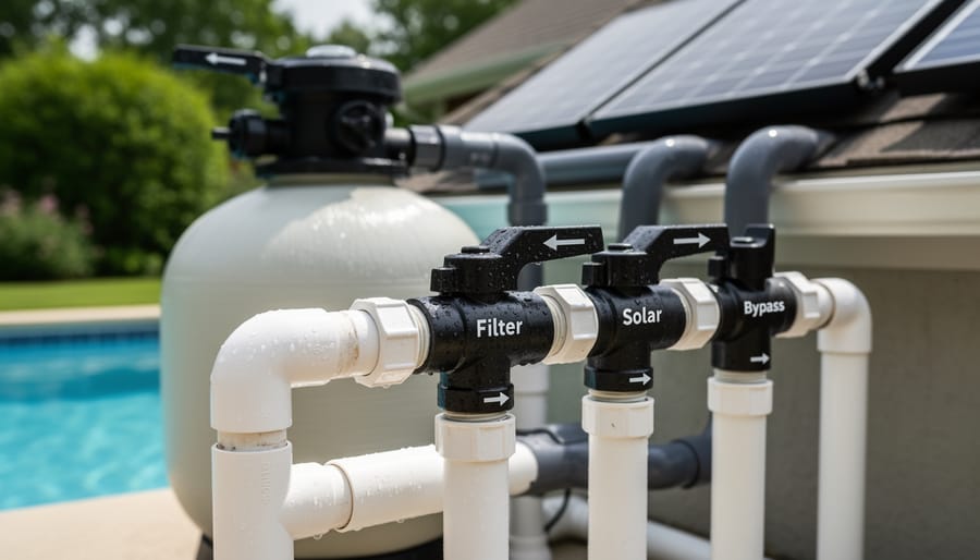 Three-way pool valve mounted on white PVC pipes showing handle position