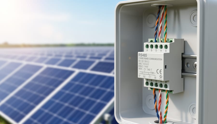 Close-up of two twisted RS485 communication wires showing red and black insulation