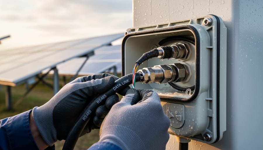 Weatherproof junction box protecting RS485 cable connections in outdoor solar installation