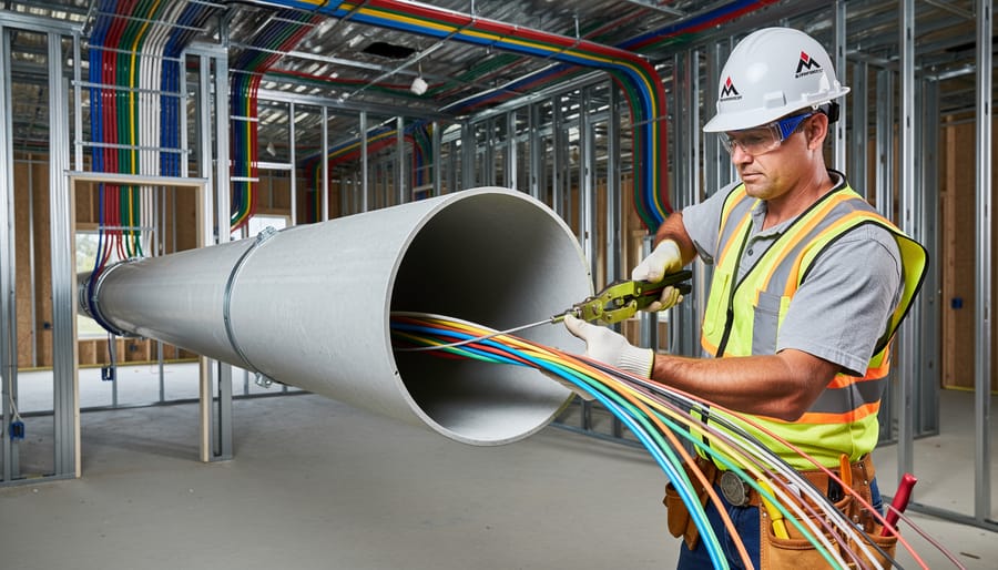 Electrician pulling wires through electrical conduit during solar installation