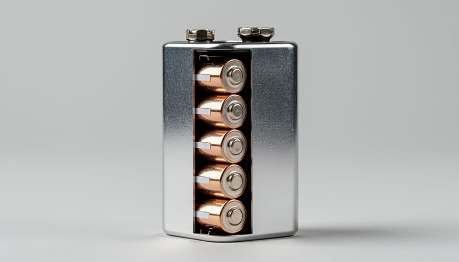 Cutaway view of 9-volt battery showing internal construction of six cylindrical cells