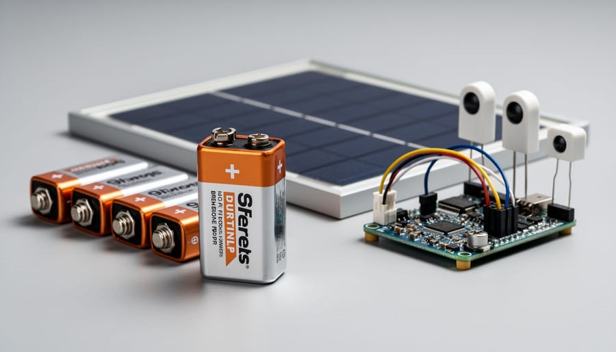 9-volt battery positioned next to small solar panel and electronic sensor on workbench